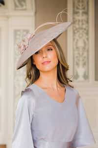 Grey Circular disc hat with curled ostrich quills
